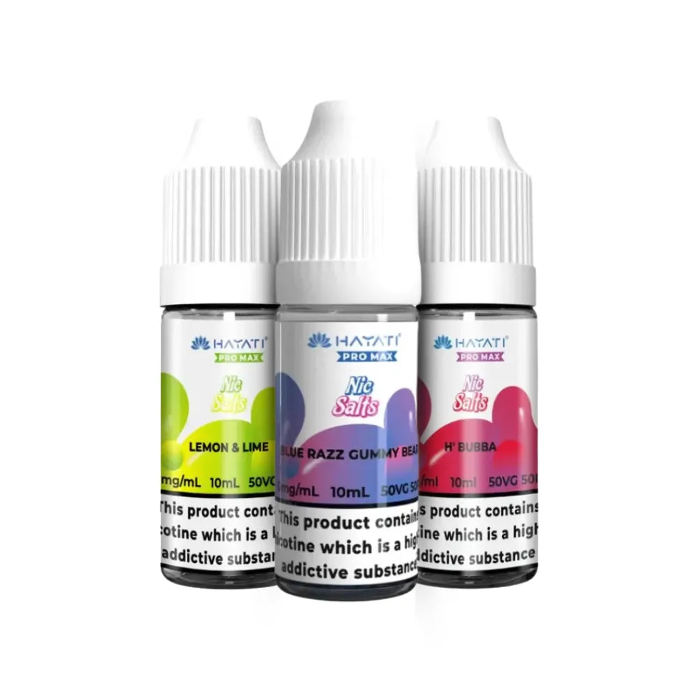 Three bottles of Hayati vape juice with colorful labels on a white background