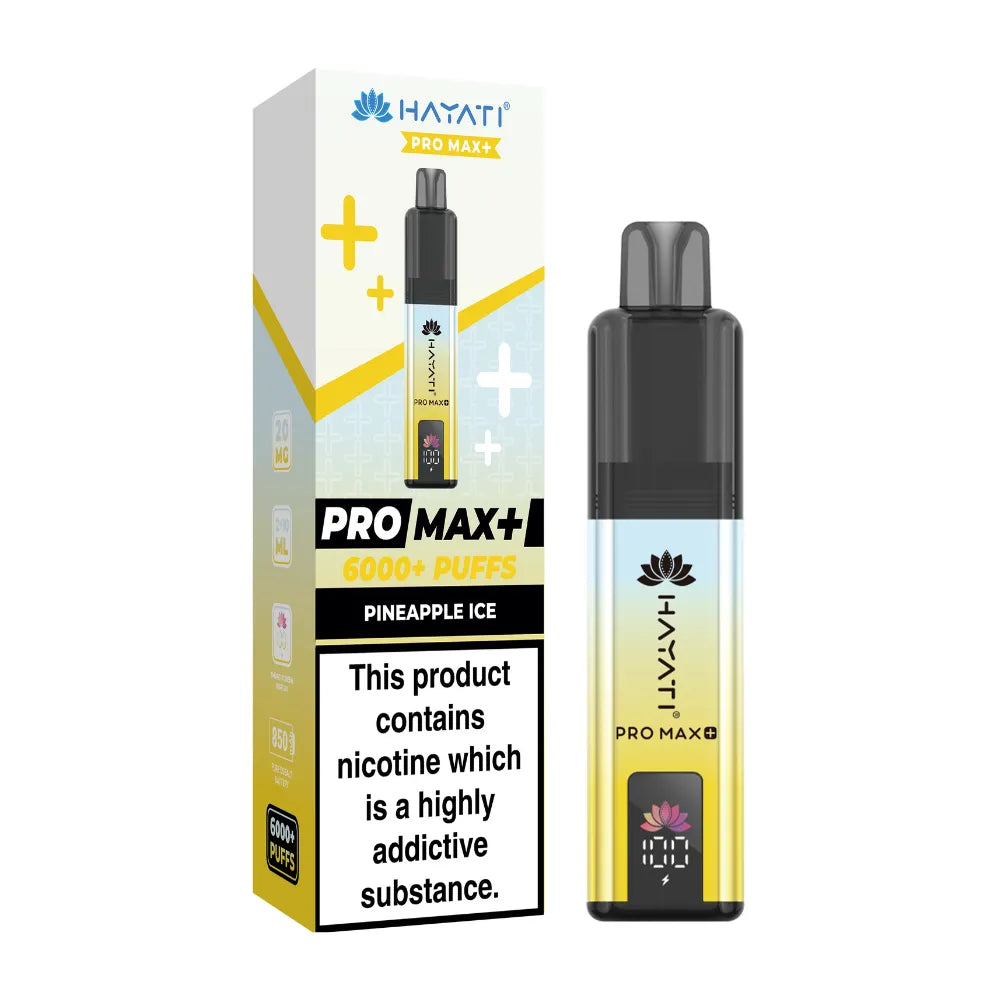 Hayati Pro Max+ vape device and packaging on a white background