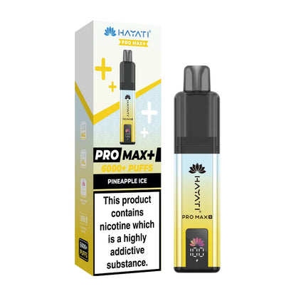 Hayati Pro Max+ vape device and packaging on a white background
