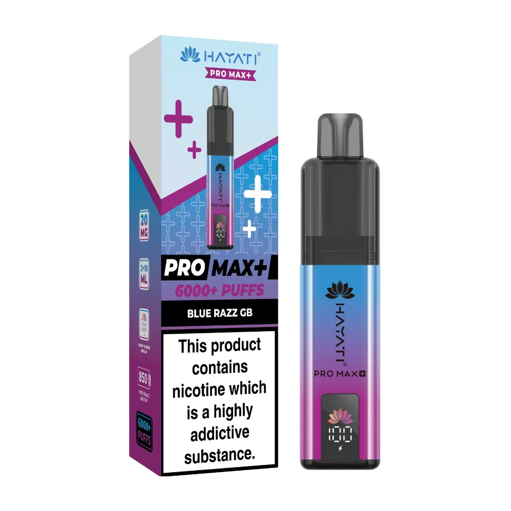 Hayati Pro Max+ vape device and packaging on a white background