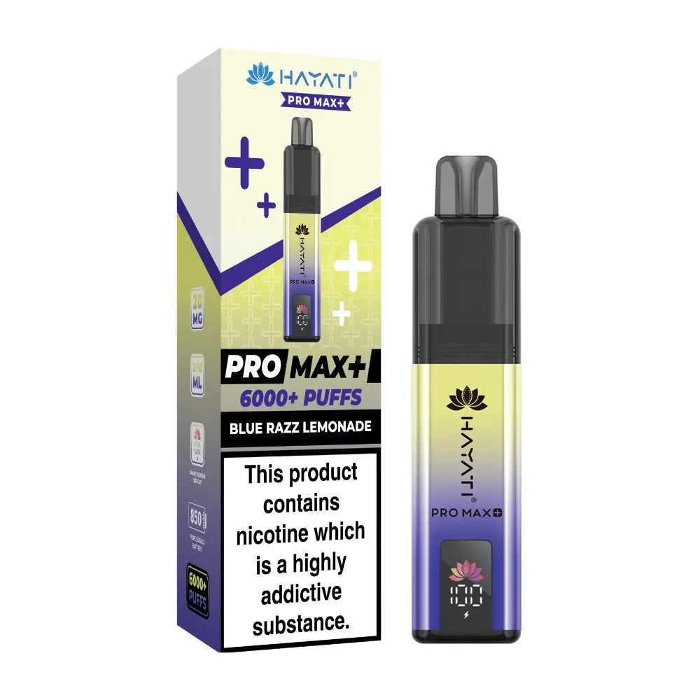 Hayati Pro Max+ vape device and packaging on a white background