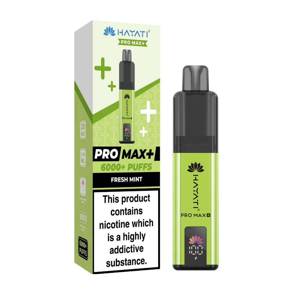 Hayati Pro Max+ vape device and packaging on a white background