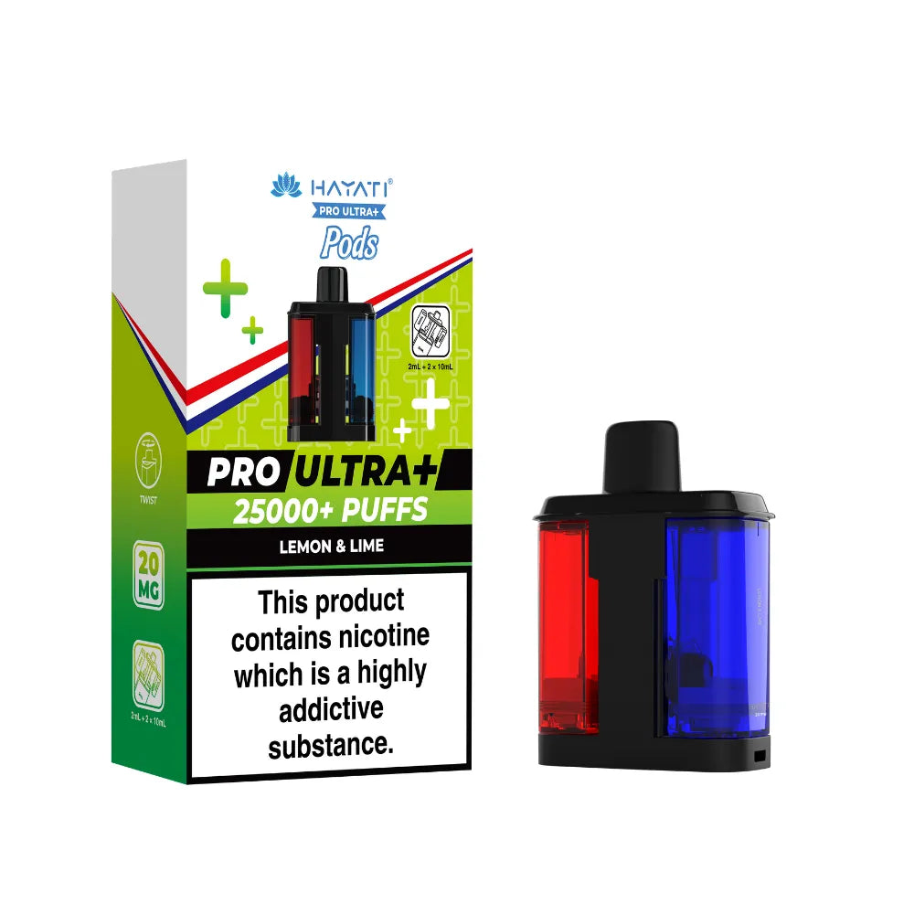 Hayati Pro Ultra+ vape pod packaging with a blue and red vape pod on a white background