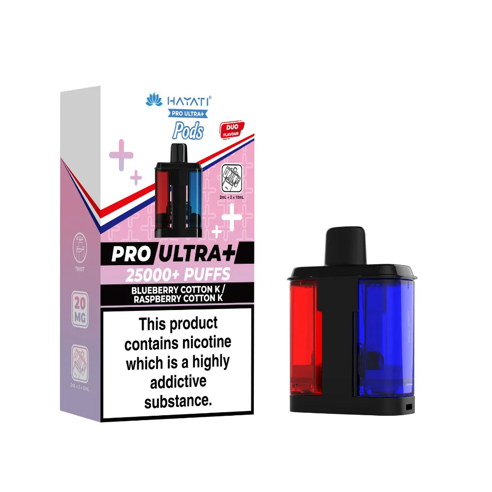 Hayati Pro Ultra 25k pod and packaging on a white background