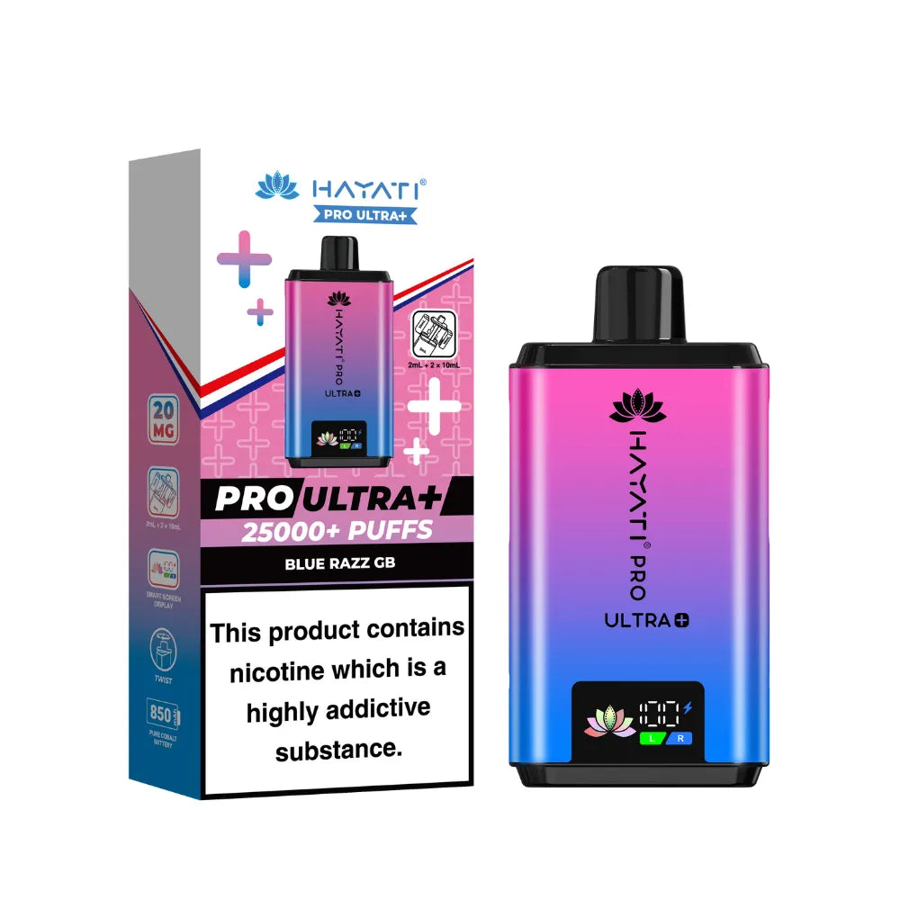 Hayati Pro Ultra+ vape device and packaging on a white background