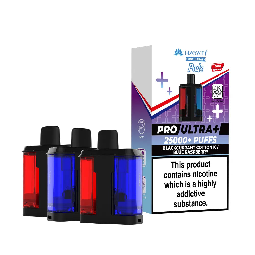 Hayati Pro Ultra 25k pod and packaging on a white background