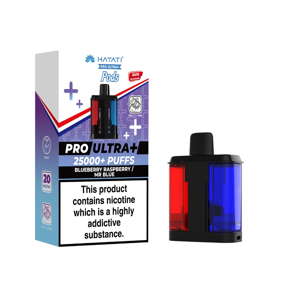 Hayati Pro Ultra+ "Blueberry Raspberry / Mr Blue" Refill Pod with colourful packaging on a white background.