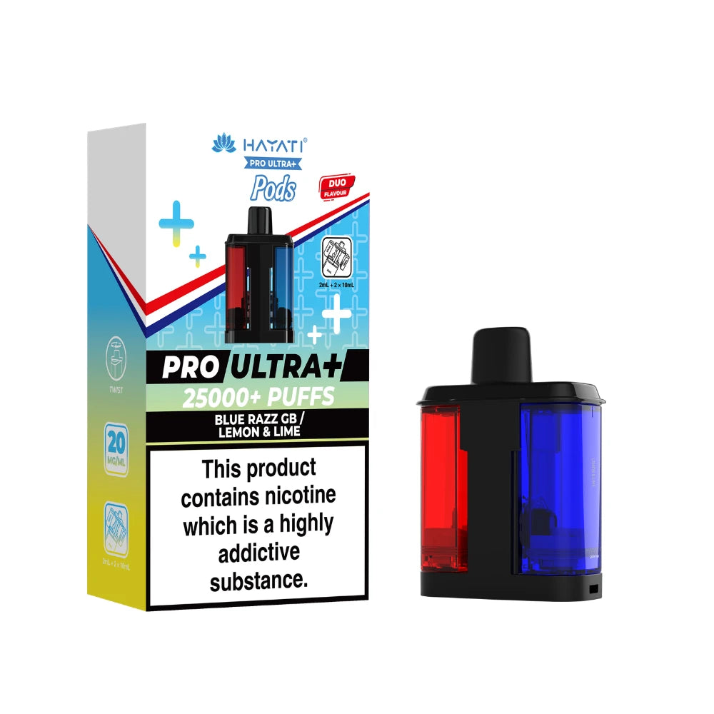Hayati Pro Ultra+ "Blue Razz GB / Lemon Lime" Refill Pod with colourful packaging on a white background.