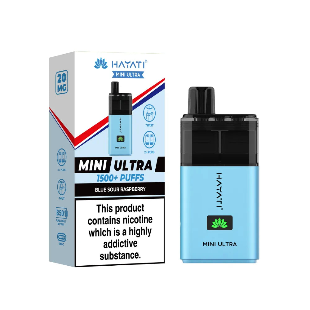 Hayati Mini Ultra vape device and packaging on a white background