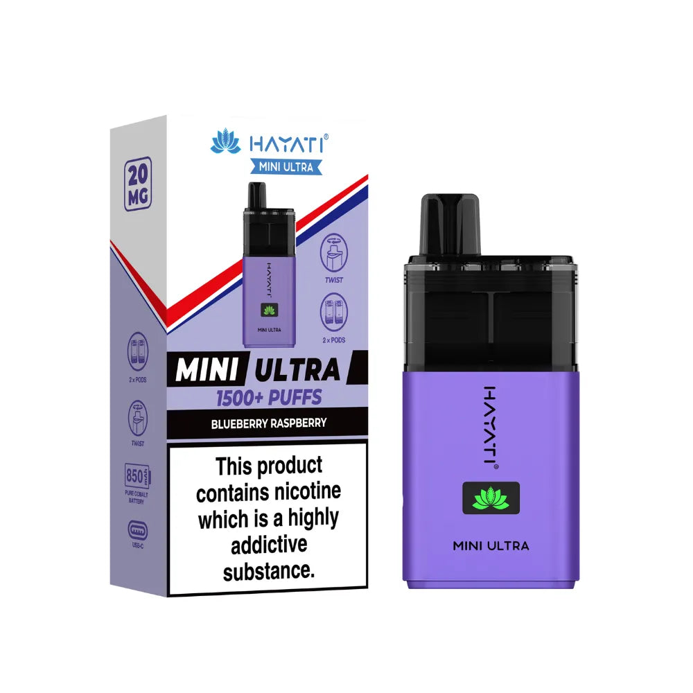Purple vape device with 'Hayati Mini Ultra' branding on a white background