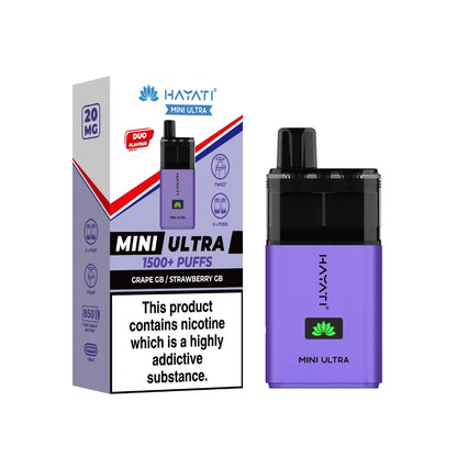 Purple vape device with 'Hayati' branding and packaging on a white background