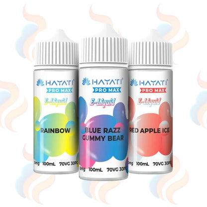 Three Hayati Pro Max 100ml Shortfill E-liquids on a white background with UK Vape Supply Logo