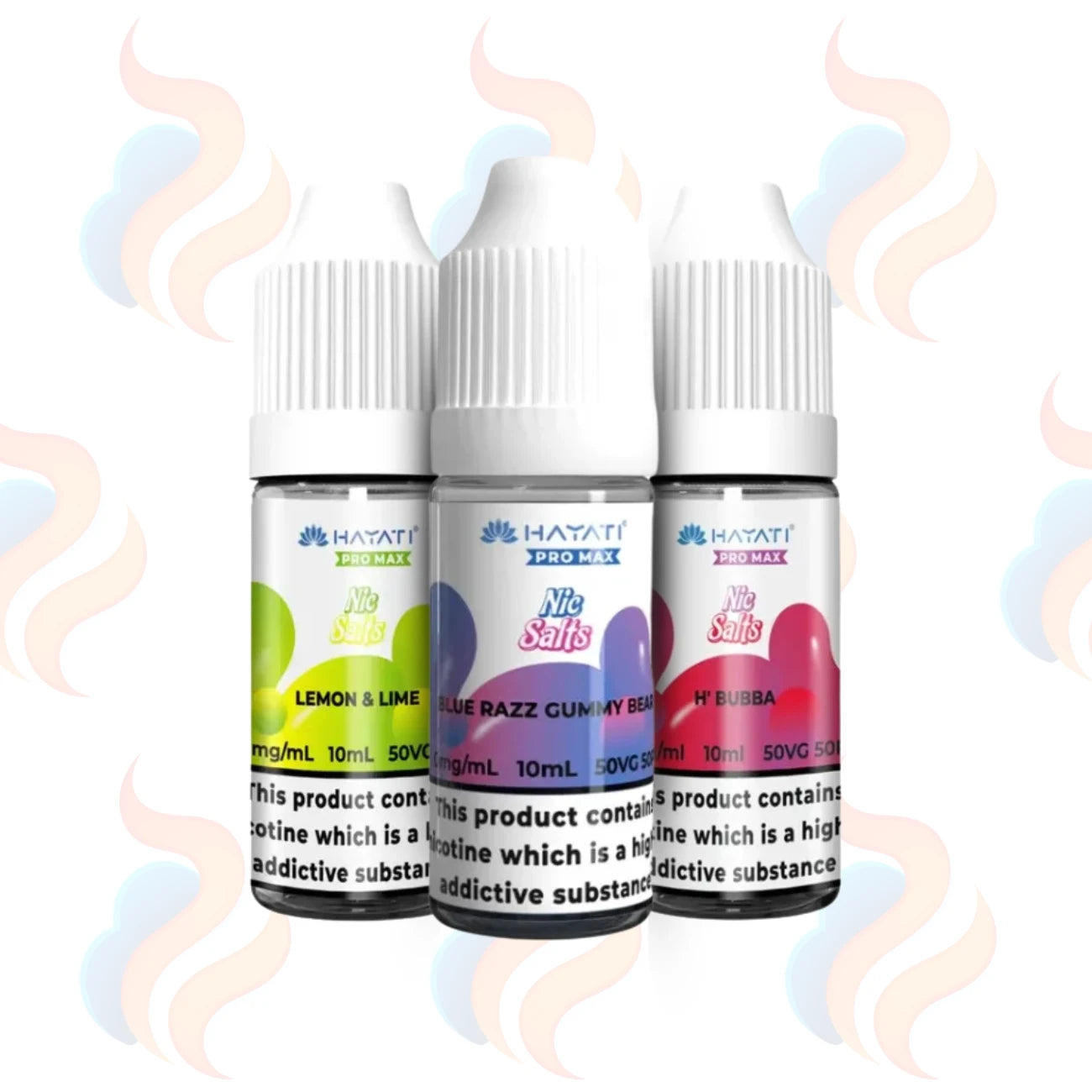 Three Hayati Pro Max Nic Salt E-liquids on a white background with UK Vape Supply Logo