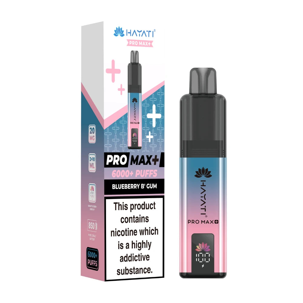 Hayati Pro Max+ vape device in "Blueberry BGum" flavour and packaging on a white background