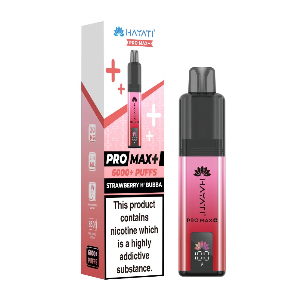 Hayati Pro Max+ vape device in "Strawberry HBubba" flavour and packaging on a white background