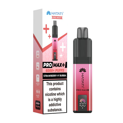 Hayati Pro Max+ vape device in "Strawberry HBubba" flavour and packaging on a white background