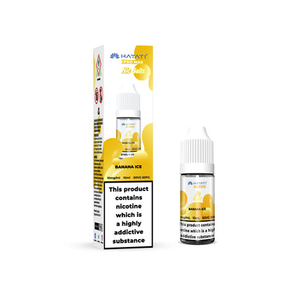 Hayati Pro Max Salts Banana ice e-liquid bottle and packaging with nicotine warning label on a white background
