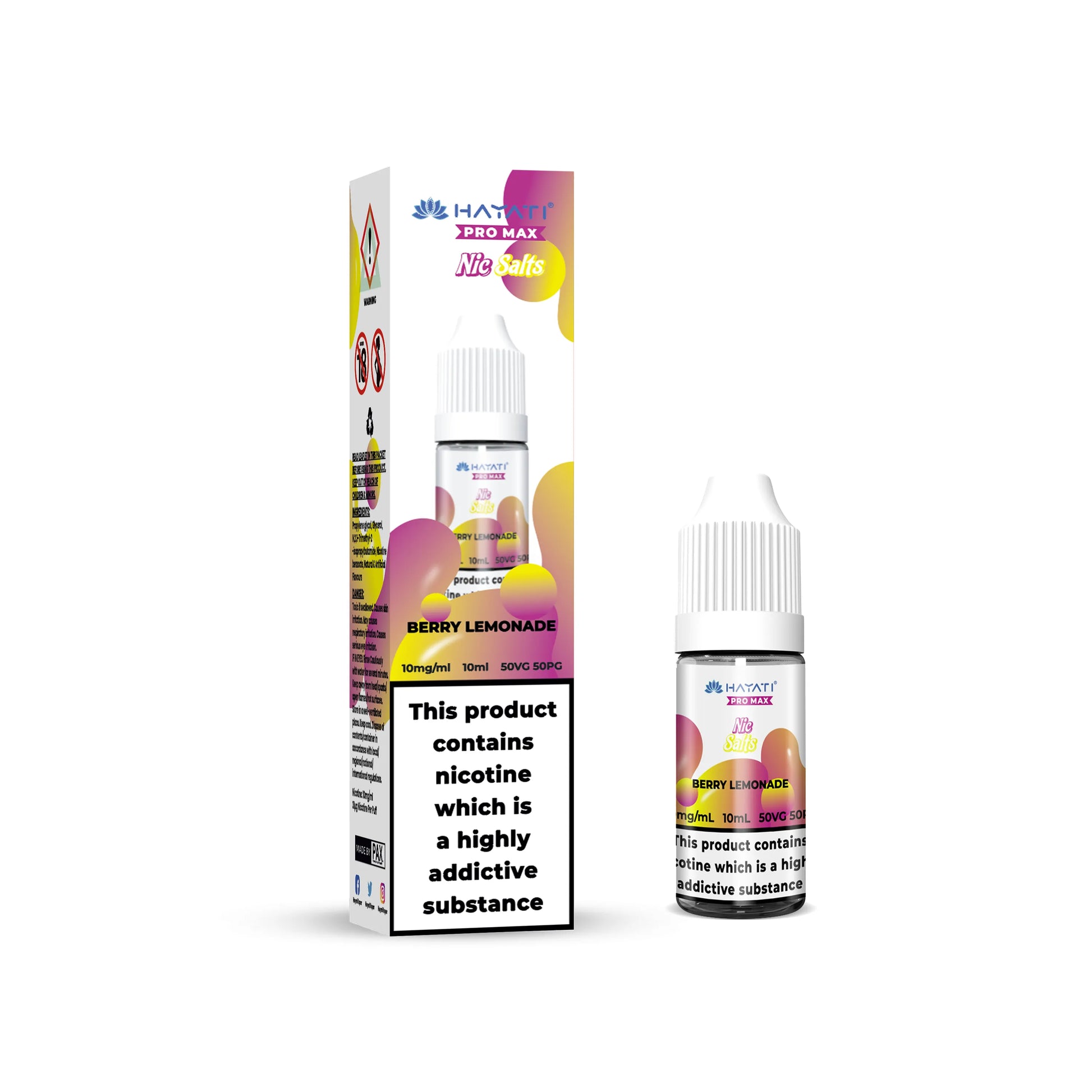 Hayati Pro Max Salts Vape juice bottle and packaging with 'berry lemonade' flavouring on a white background