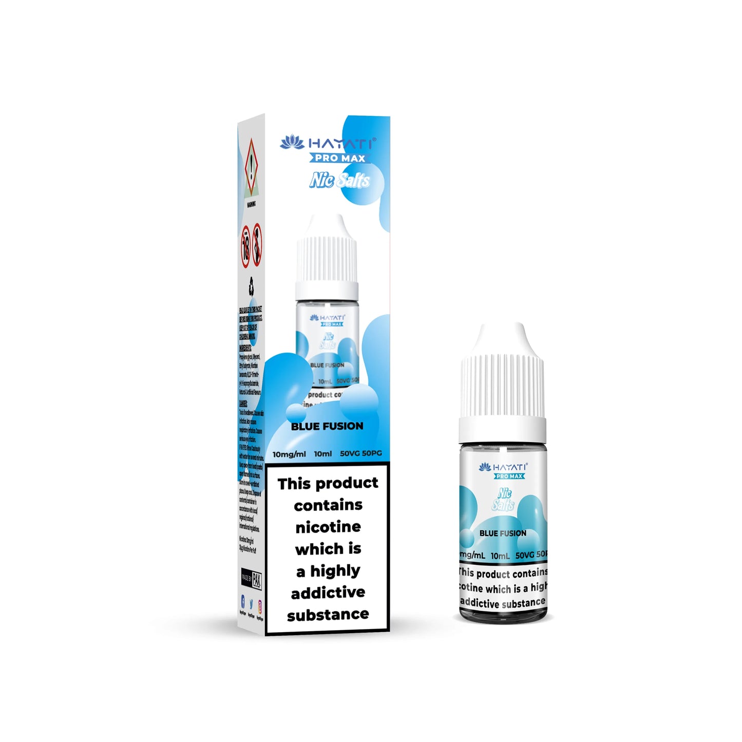 Hayati Pro Max Salts blue fusion Vape juice packaging with blue and white design on a white background