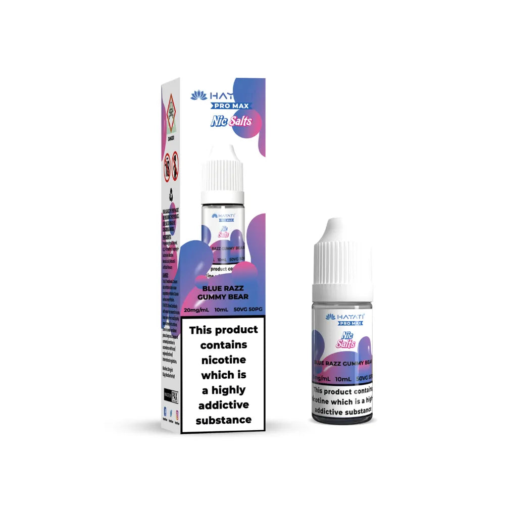 Hayati Pro Max Salts Blue Razz Gummy Bear vape juice bottle and packaging on a white background