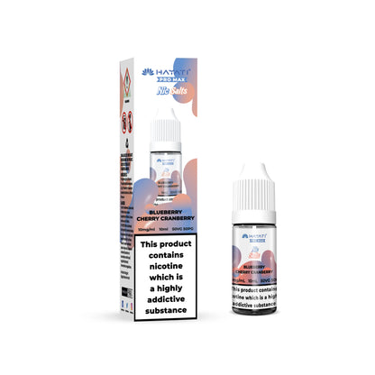 bottle of Hayati Pro Max Salts blueberry cherry cranberry e-liquid with packaging on a white background