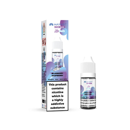 Hayati Pro Max Salts bottle of blueberry raspberry-flavored nicotine product with packaging on a white background