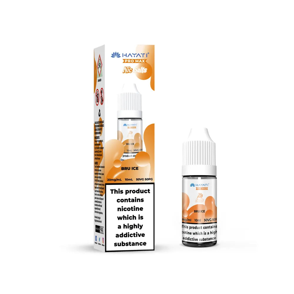 Hayati Pro Max Salts  Bru Ice vape juice packaging on a white background