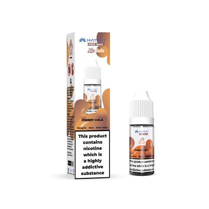 Hayati Pro Max Salts E-liquid bottle and packaging with cherry cola flavor on a white background