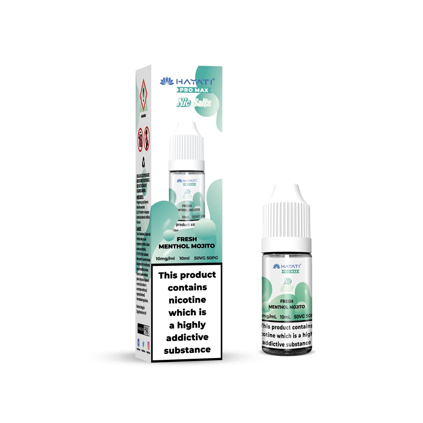 Hayati Pro Max Salts  bottles of fresh Menthol mojito vape juice with packaging on a white background