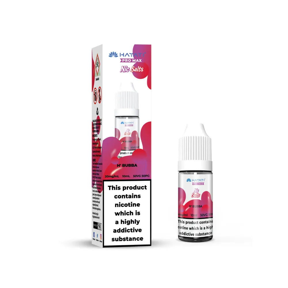 Hayati Pro Max Salts Vape juice bottle and packaging with 'h bubba' flavour on a white background