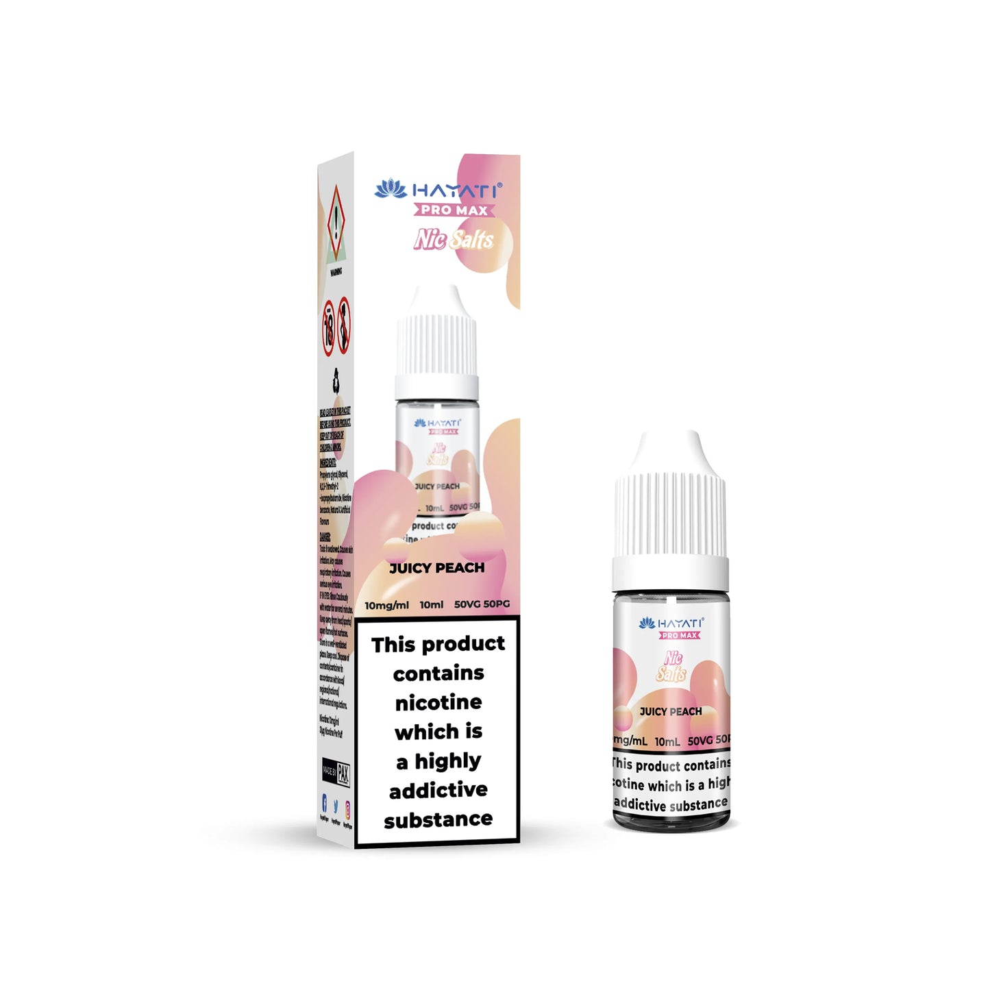 Hayati Pro Max Salts Juicy Peach vape juice packaging with nicotine warning label on a white background