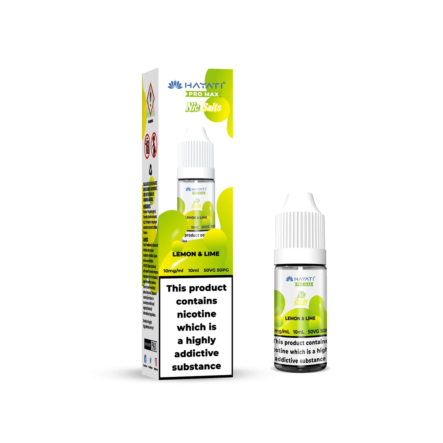 Hayati Pro Max Salts bottles of Lemon & Lime flavored nicotine product with packaging on a white background