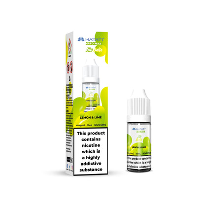 Hayati Pro Max Salts bottles of Lemon & Lime flavored nicotine product with packaging on a white background