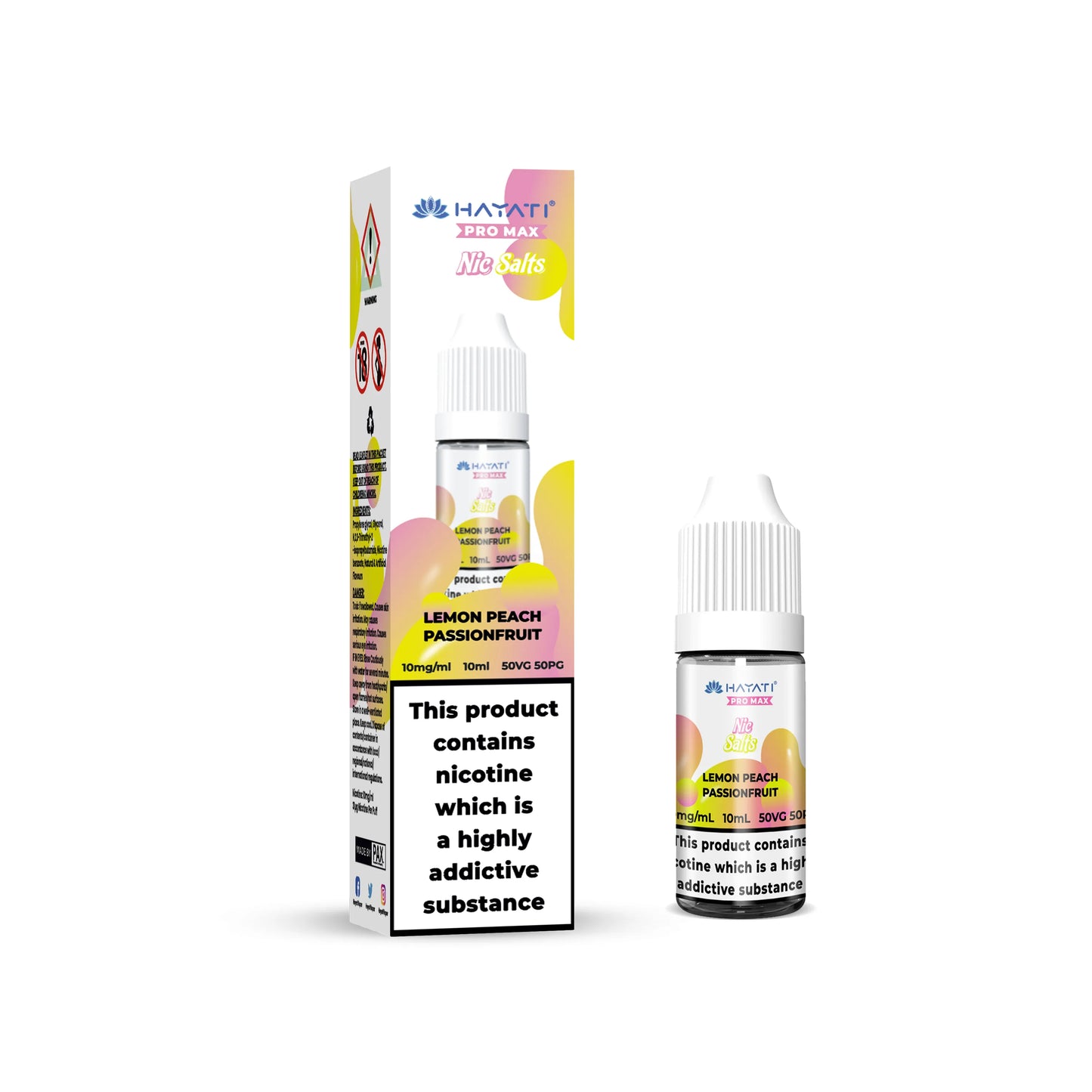 Hayati Pro Max Salts Lemon Peach Passionfruit vape juice packaging with nicotine warning label on a white background