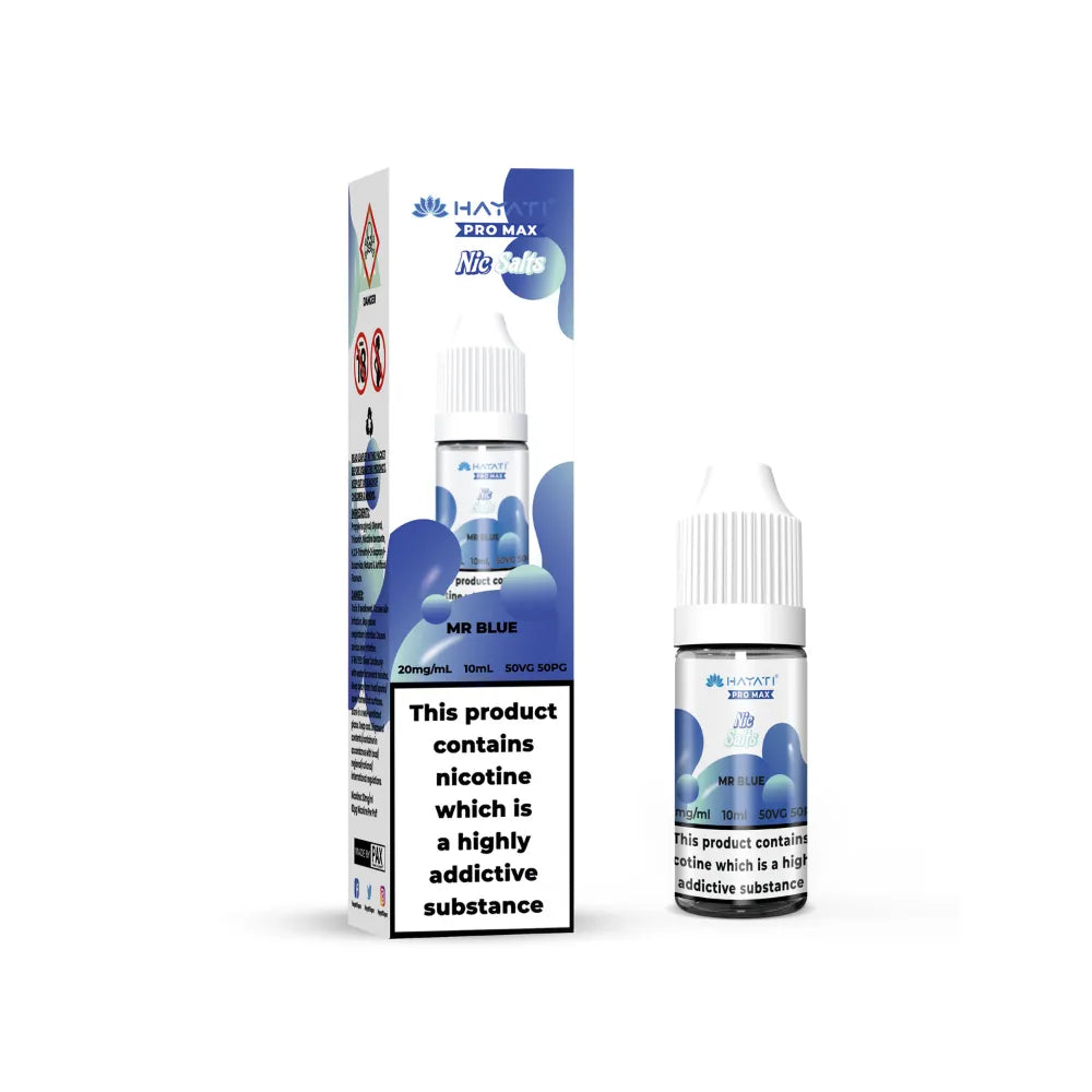 Hayati Pro Max Salts mr blue E-liquid bottle and packaging with blue and white design on a white background