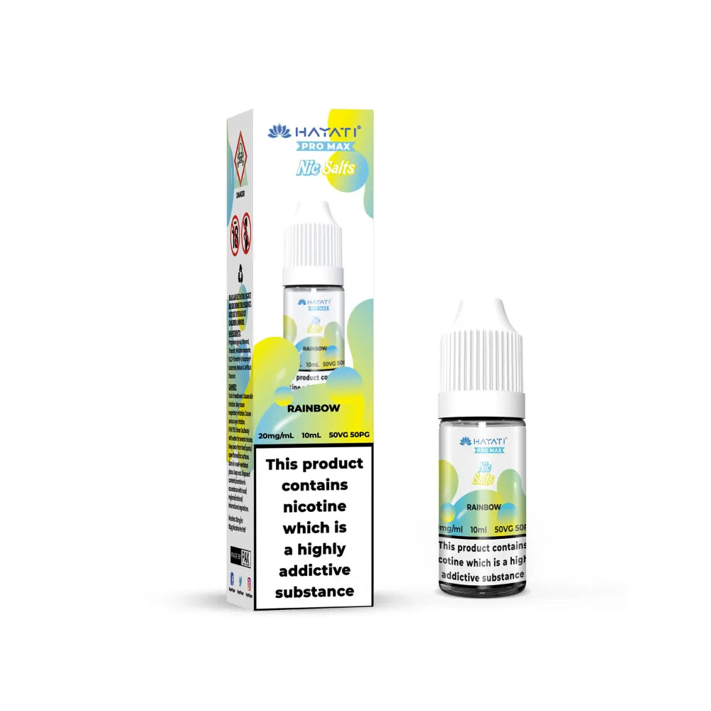 Hayati Pro Max Salts Vape juice packaging with rainbow flavor on a white background