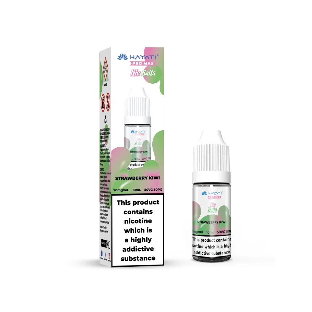 Hayati Pro Max Salts Strawberry Kiwi e-liquid bottle and packaging on a white background