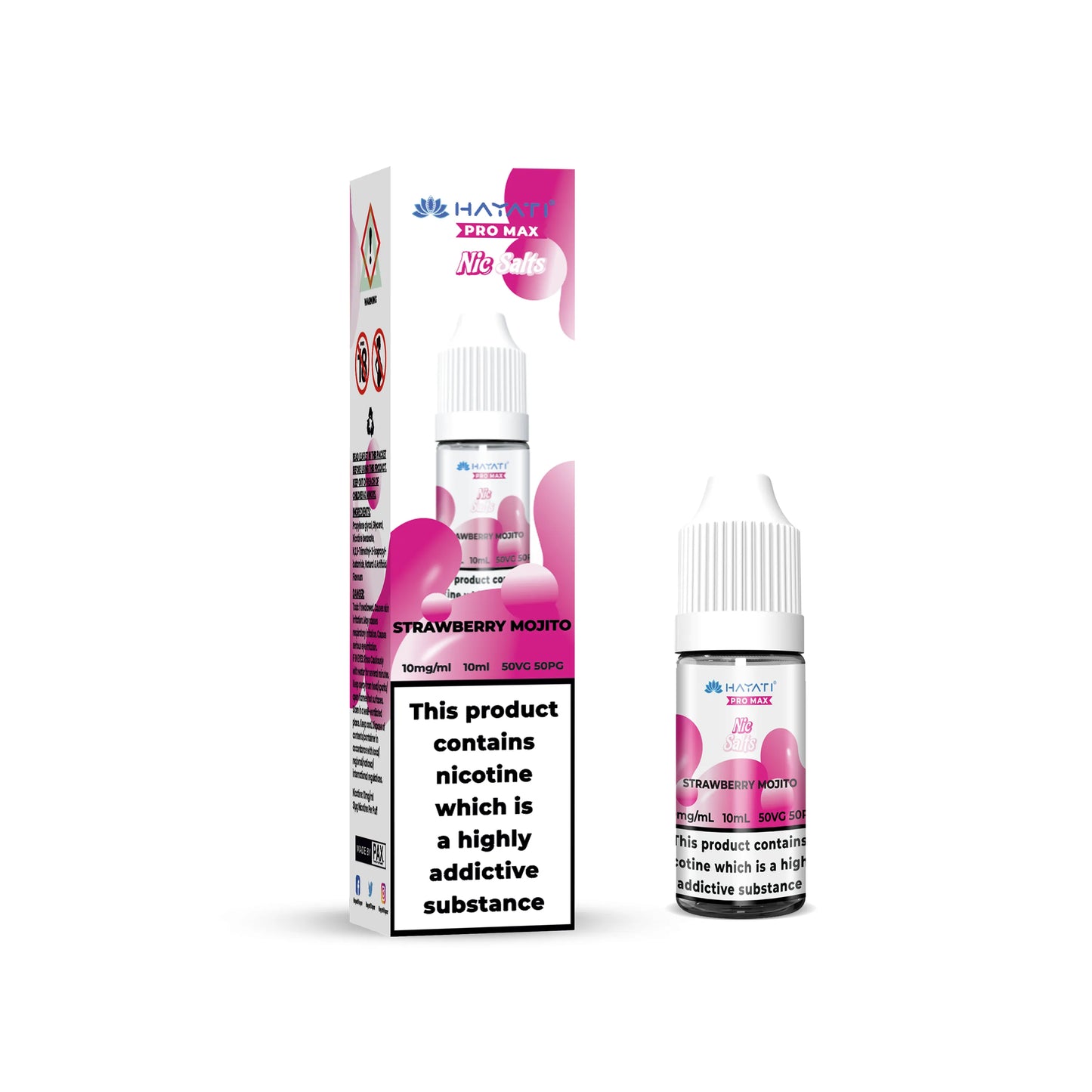 Hayati Pro Max Salts Strawberry Mojito vape juice packaging with nicotine warning label on a white background