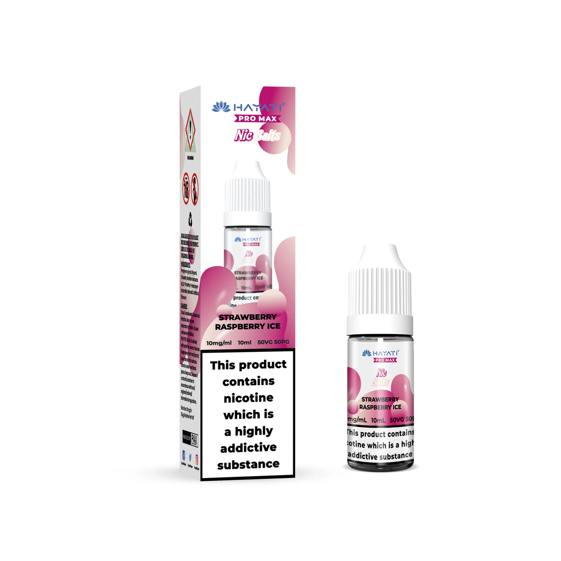 Hayati Pro Max Salts bottles of strawberry raspberry ice-flavored nicotine product with packaging on a white background.