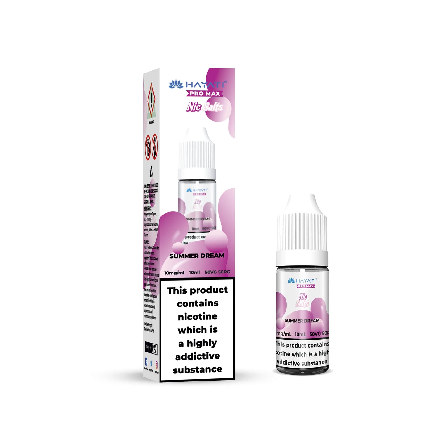 Hayati Pro Max Salts summer dream bottles of vape juice with packaging on a white background