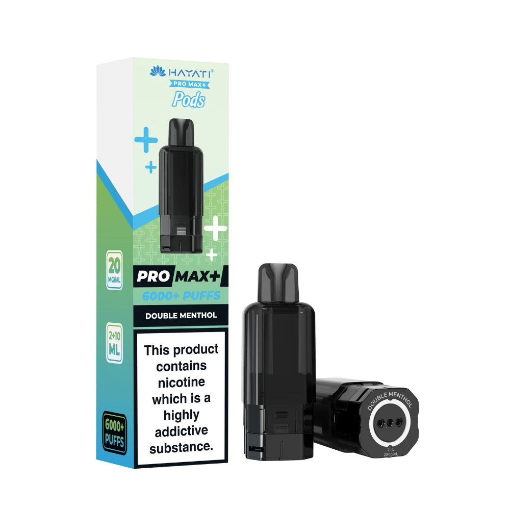 Double Menthol Hayati Pro Max+ 6000 pod and packaging on a white background