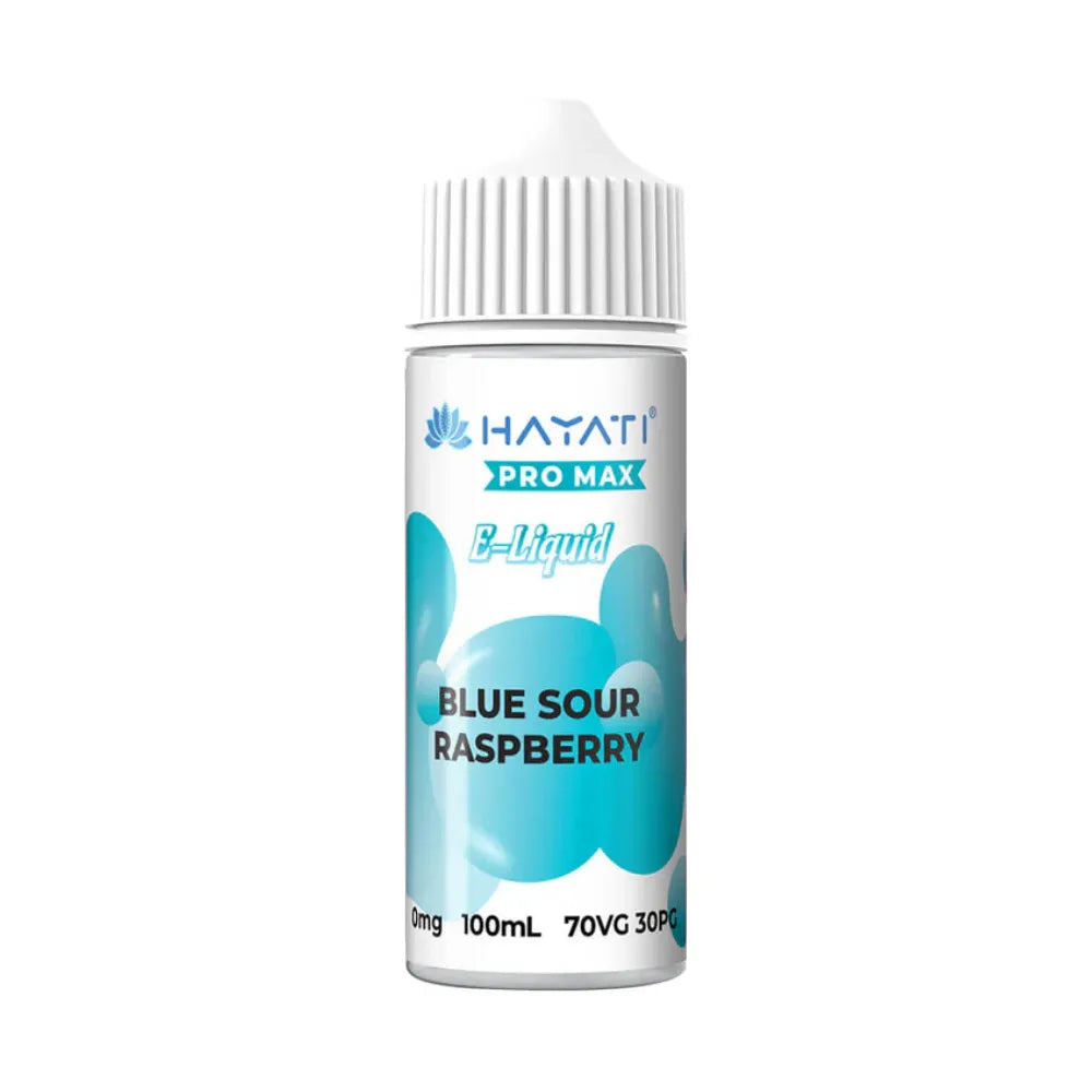 Hayati Pro Max e-liquid bottle for blue sour raspberry flavor on a white background