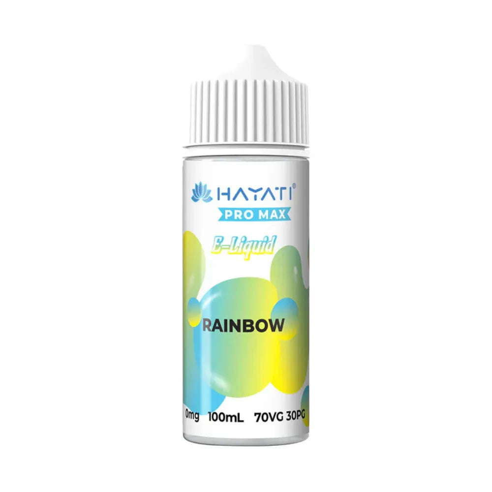 Hayati Pro Max e-liquid bottle with rainbow design on a white background