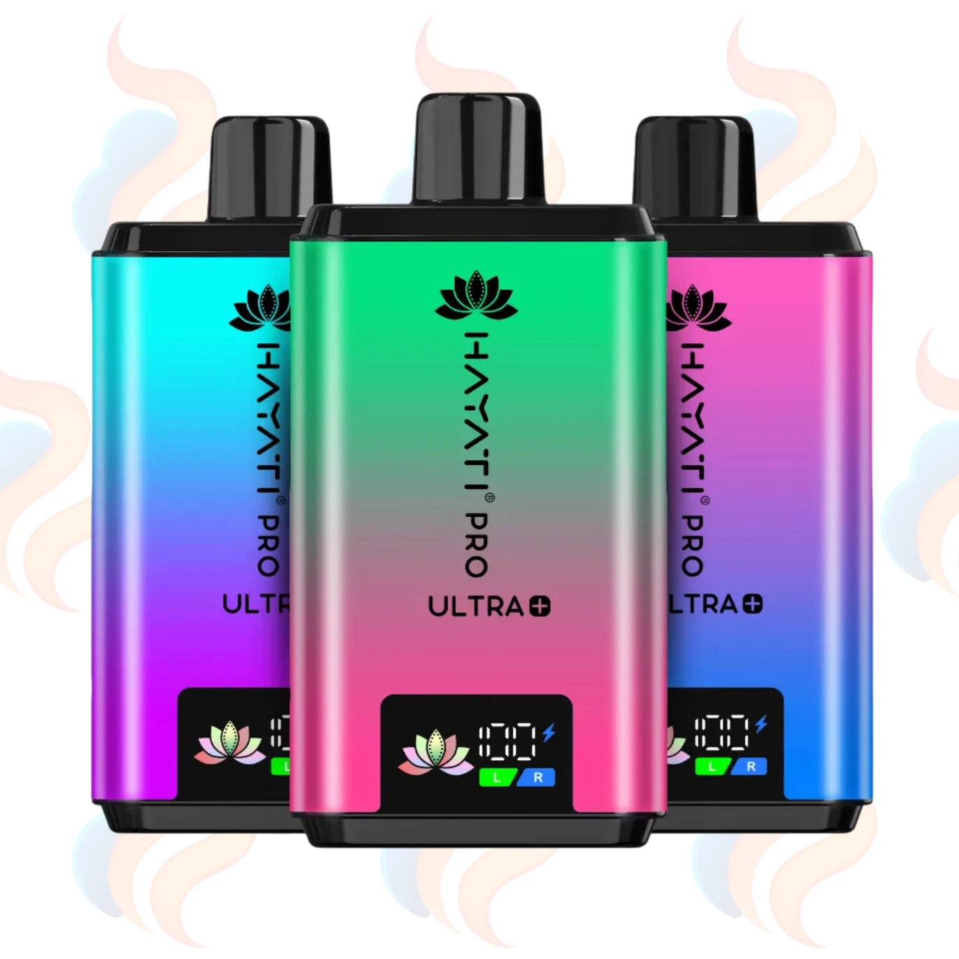Three colourful 'Hayati Pro Ultra+' vape devices on a UK Vape Supply Logo background