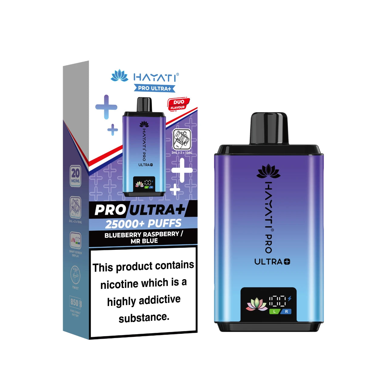 Hayati Pro Ultra+ Kit in "Blueberry Raspberry / Mr Blue" flavour, with colourful packaging on a white background.