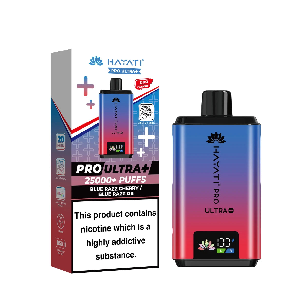 Hayati Pro Ultra+ Kit in "Blue Razz Cherry / Blue Razz GB" flavour, with colourful packaging on a white background.