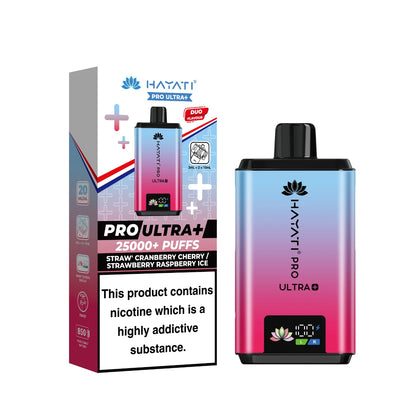 Hayati Pro Ultra+ Kit in "Straw' Cranberry Cherry / Strawberry Raspberry Ice" flavour, with colourful packaging on a white background.