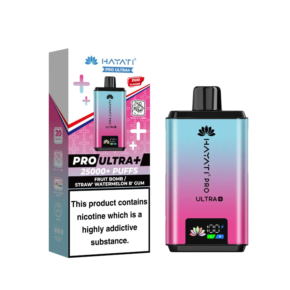 Hayati Pro Ultra+ Kit in "Fruit Bomb & Straw' Watermelon B'Gum" flavour, with colourful packaging on a white background.