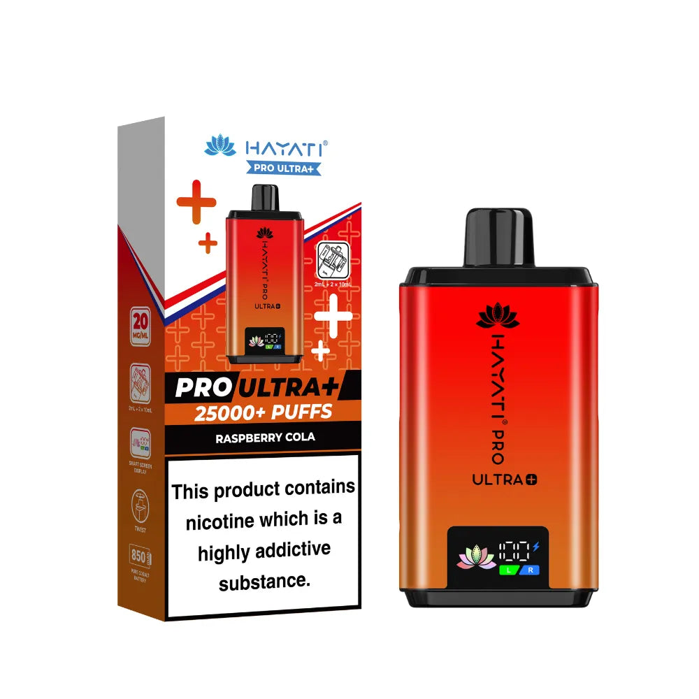 Hayati Pro Ultra+ Kit in "Raspberry Cola" flavour, with colourful packaging on a white background.