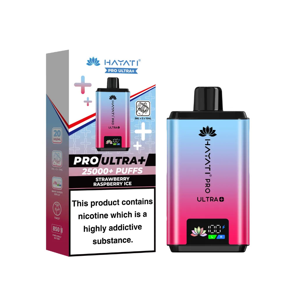 Hayati Pro Ultra+ Kit in "Strawberry Raspberry Ice" flavour, with colourful packaging on a white background.